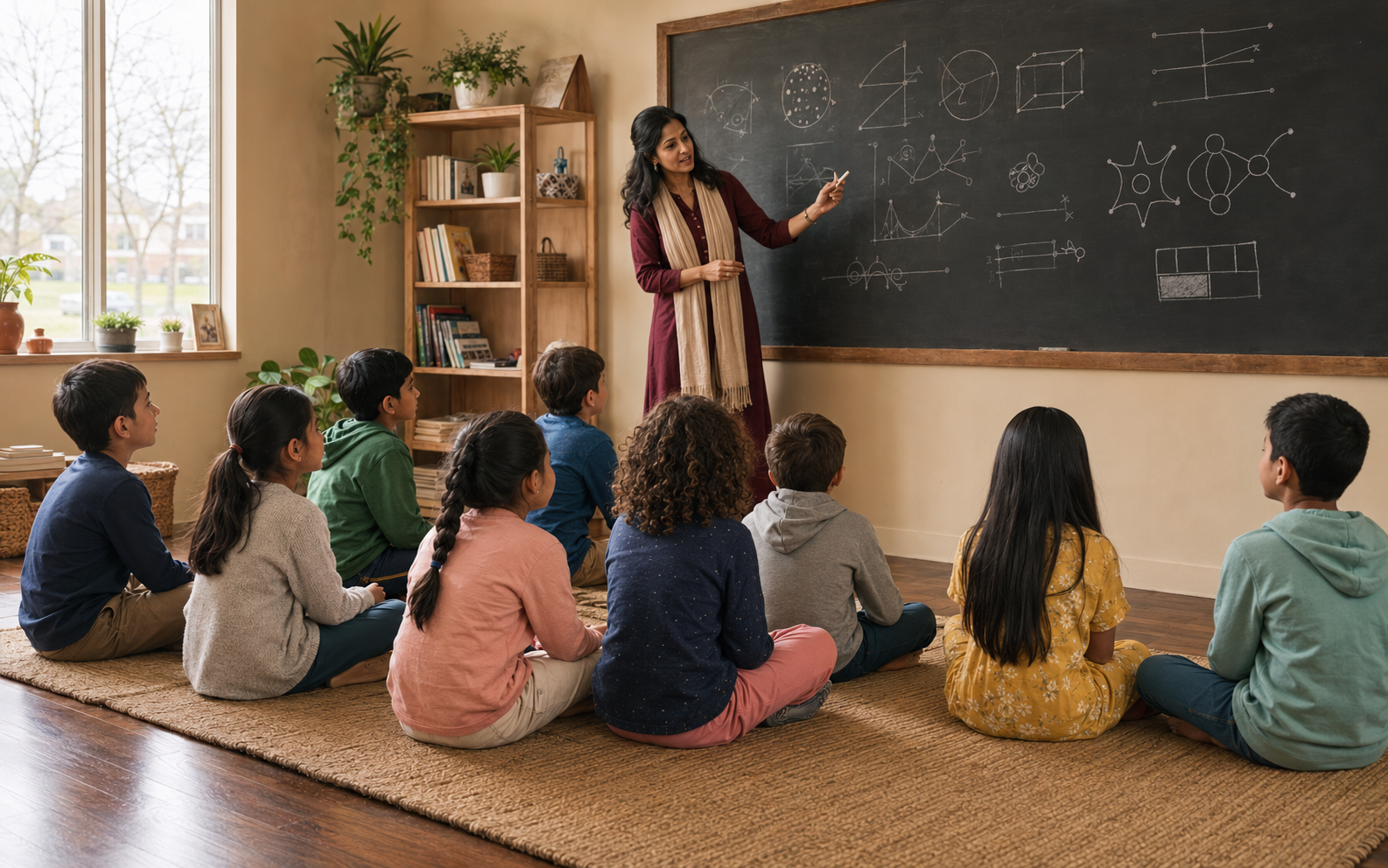 Children seated in rows on floor mats while a teacher explains a lesson at a blackboard